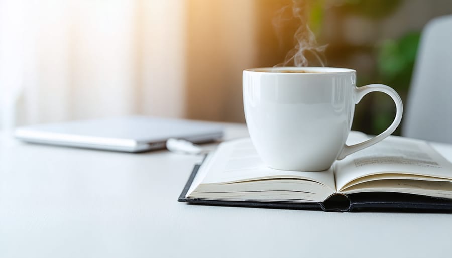 Writers working collaboratively with laptops and headphones in modern workspace