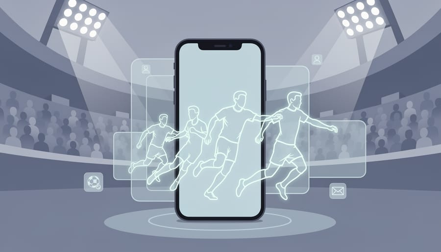 Sports fan using smartphone to view AR holographic player projection in stadium setting