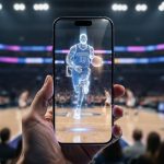 Close-up of a fan holding a smartphone courtside showing a 3D augmented reality hologram of a basketball player above the court, with arena lights, players, and crowd softly blurred in the background, no visible text.