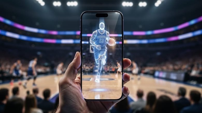 Close-up of a fan holding a smartphone courtside showing a 3D augmented reality hologram of a basketball player above the court, with arena lights, players, and crowd softly blurred in the background, no visible text.