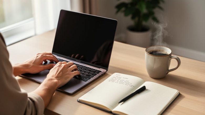 Hands typing on a laptop at a tidy home office desk with an open notebook, pen, and coffee in soft morning light, background plant and shelves softly blurred.