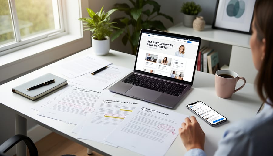Overhead view of organized writer's workspace with laptop, papers, and writing materials