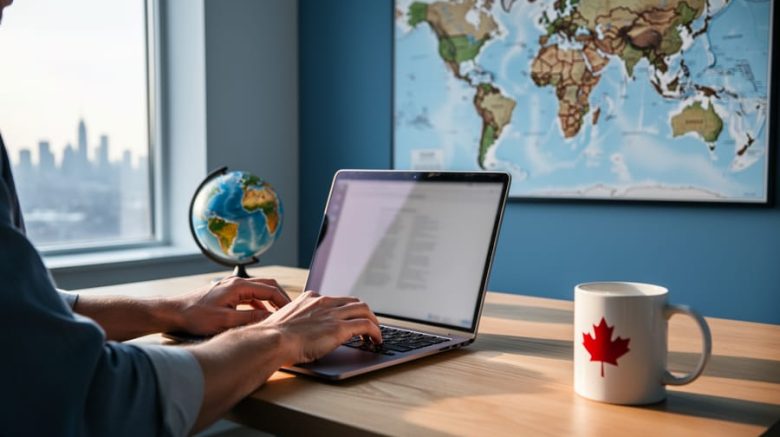 Hands of a freelance writer typing on a laptop beside a small desk globe and red maple-leaf mug, with soft daylight and a blurred city skyline and unlabelled world map wall art in the background.