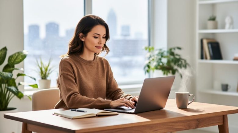 Freelance writer typing on a laptop at a wooden desk in a bright home office with plants and a snowy city skyline visible through the window.