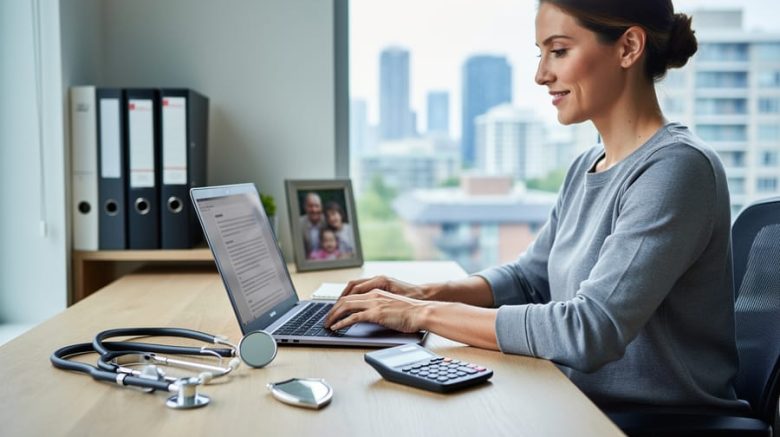 Canadian freelance writer at a home workspace with laptop, stethoscope, dental mirror, calculator, and shield-shaped paperweight on the desk, with closed binders, a family photo frame, and a maple-lined city skyline softly blurred in the background.