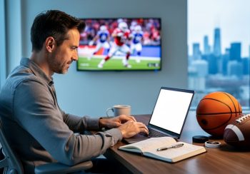 Canadian freelance writer typing on a laptop at a home office desk with coffee, notebook, and sports items (hockey puck, basketball, football), soft side daylight, with blurred TV sports action and a distant Toronto skyline in the background.