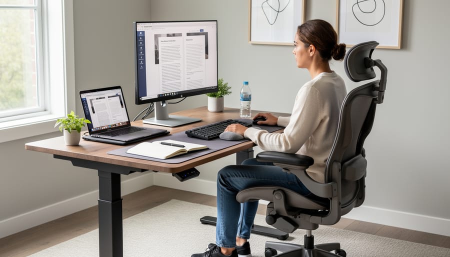 Ergonomic home office desk setup with adjustable monitor and supportive chair