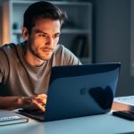 Thoughtful freelance writer at a minimalist desk with face reflected in a glossy laptop screen, a small padlock, closed notebook, research papers, and a turned-over smartphone, softly lit home office background, symbolizing ethical choices around transparency, privacy, and accuracy.