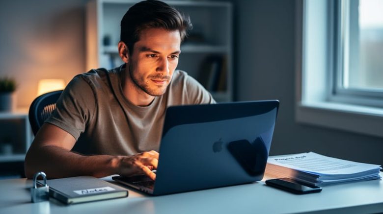 Thoughtful freelance writer at a minimalist desk with face reflected in a glossy laptop screen, a small padlock, closed notebook, research papers, and a turned-over smartphone, softly lit home office background, symbolizing ethical choices around transparency, privacy, and accuracy.
