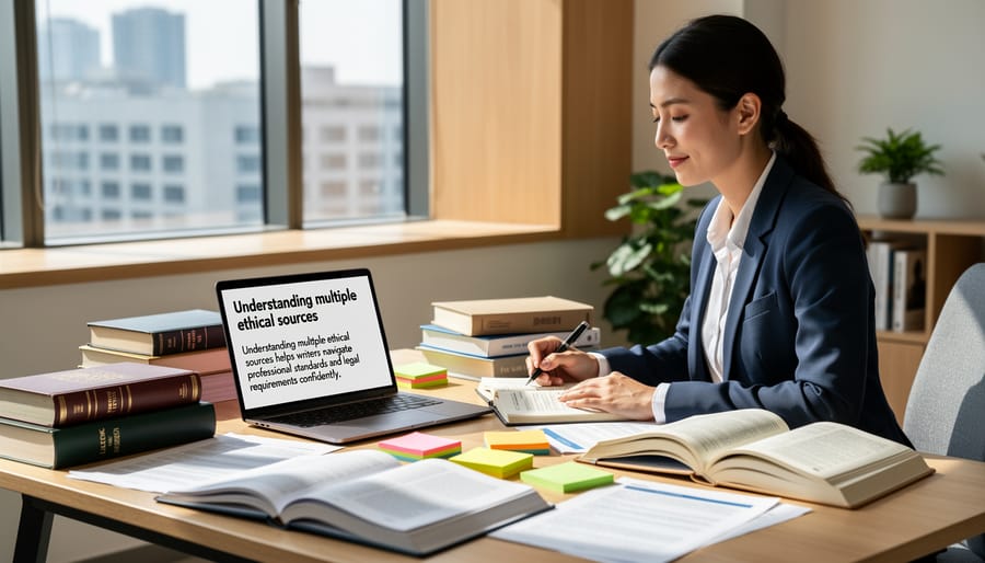 Stack of professional writing guides and reference books with open notebook