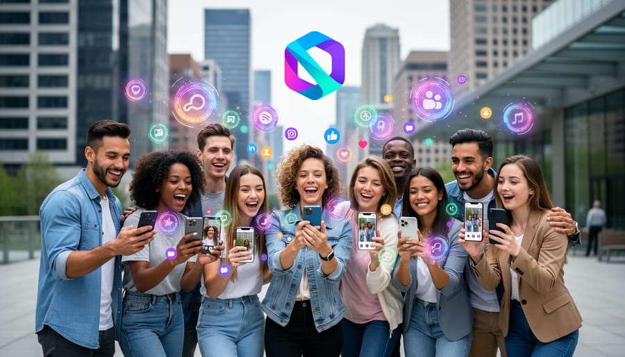 Group of sports fans using AR filters and effects on smartphones at stadium event