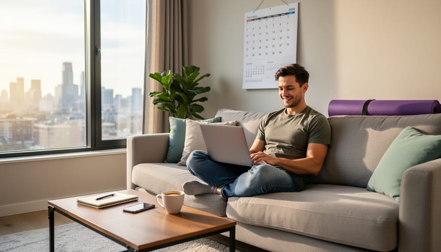 Freelancer finishing work at outdoor café with relaxed expression during golden hour