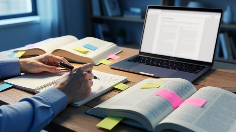 Hands of a freelance writer comparing an open book and notes beside a laptop on a wooden desk, pages and screen intentionally out of focus, in soft window light with blurred bookshelves behind.
