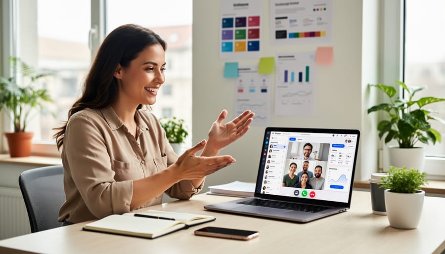 Freelance writer on professional video call with client in home office