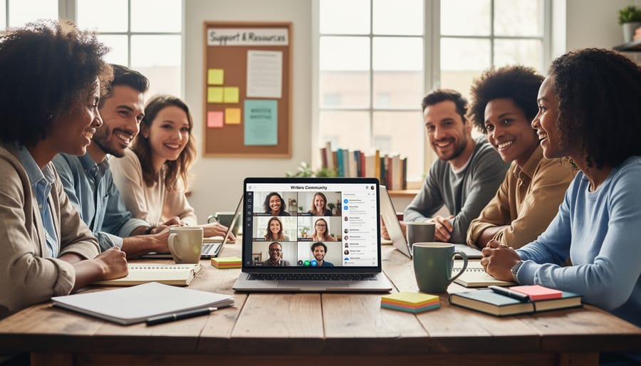 Group of freelance writers collaborating and networking in casual workspace