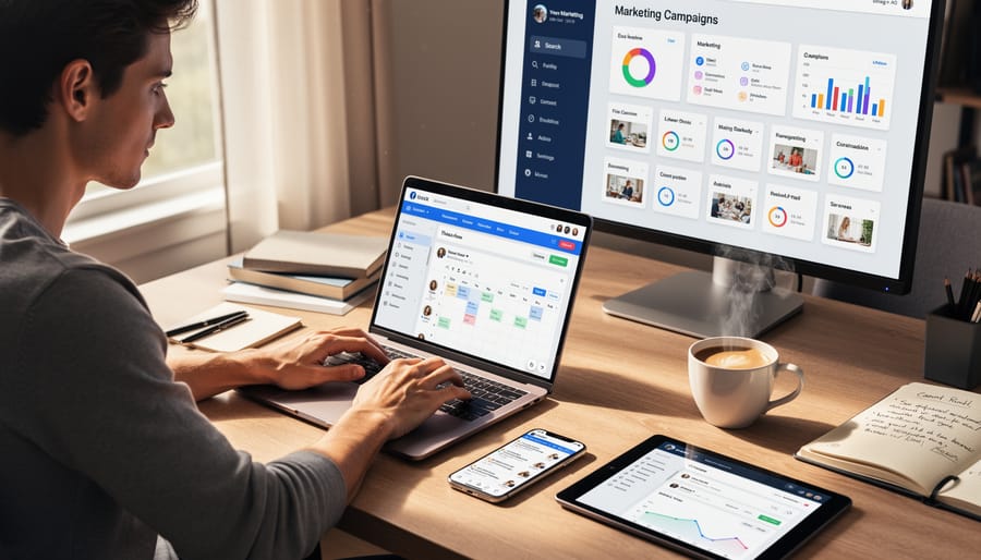 Freelance writer working on laptop with multiple digital marketing platforms visible