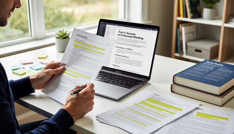 Freelance writer working at desk with laptop and reference materials