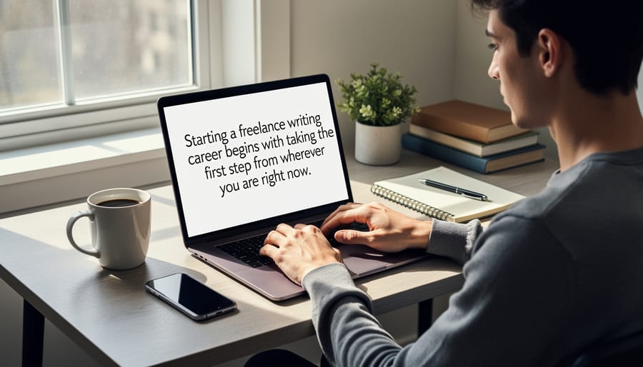 Person typing on laptop with notepad and coffee in home office setting