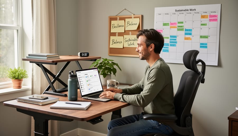Freelance writer's hands typing on laptop in home office setting