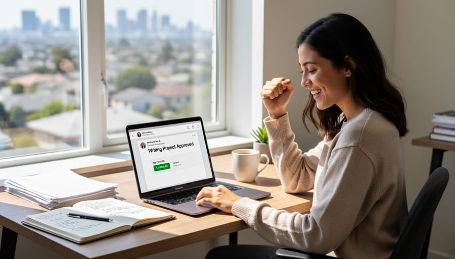 Freelance writer celebrating success at home office desk