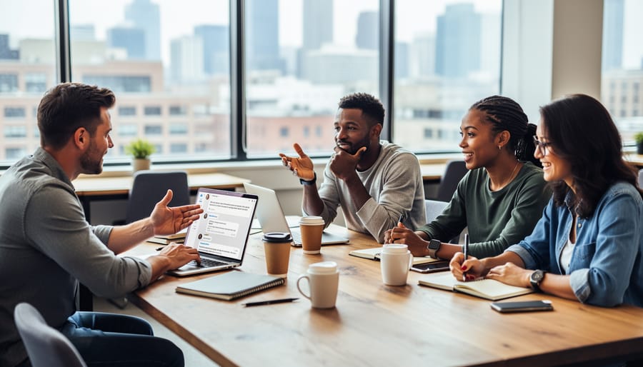 Two freelance writers collaborating over coffee with laptops and notebooks at cafe table