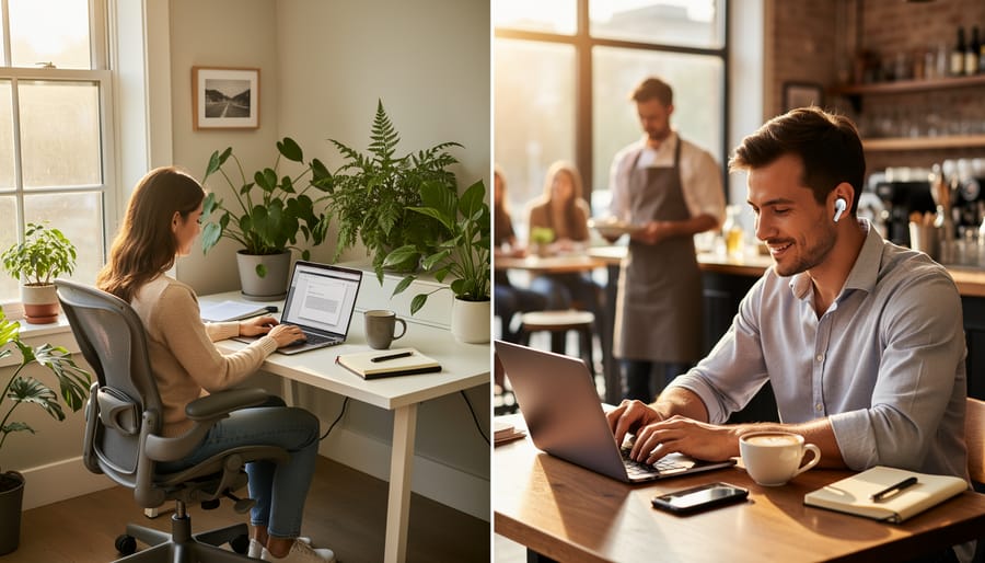 Freelancer working comfortably on laptop in bright home office with natural lighting