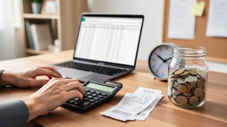 Hands of a freelance writer using a calculator beside a laptop, receipts, jar of coins, and a small clock on a wooden desk in a bright home office, with a softly blurred bookshelf and corkboard in the background.