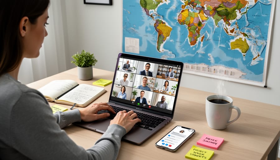 Diverse hands collaborating around laptop showing world connectivity