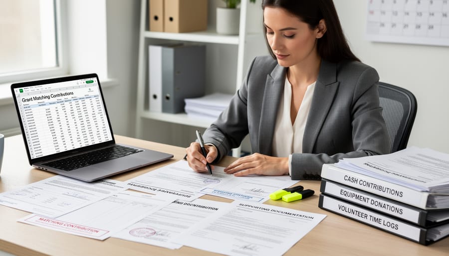 Organized home office workspace with laptop, documents, and receipts for tracking grant contributions