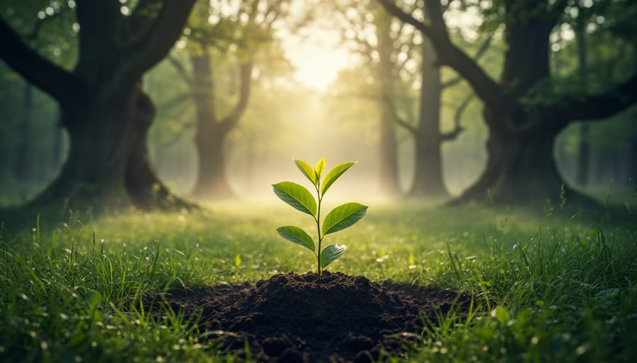 Close-up of green seedling sprouting from dark soil with water droplets