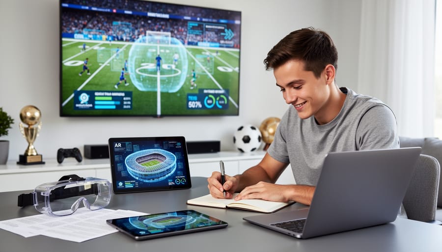 Research materials and notes about AR sports marketing spread across desk workspace