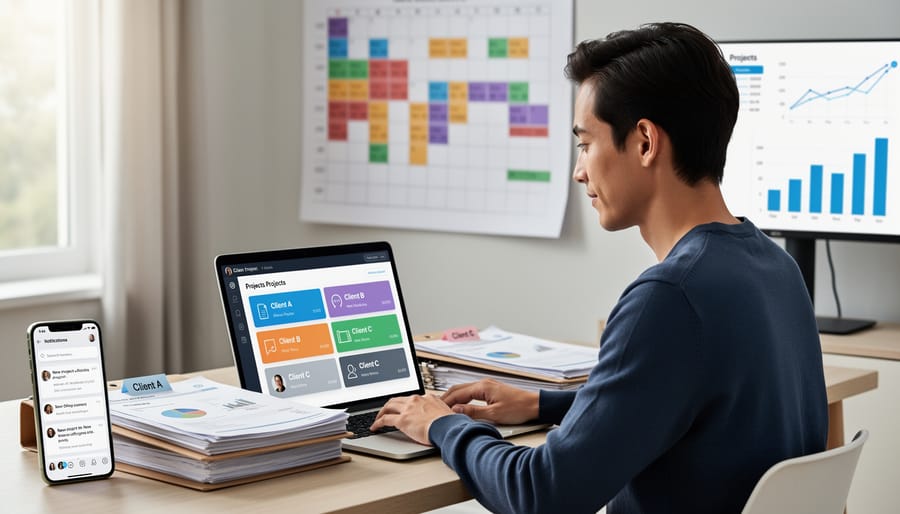 Overhead view of freelancer's workspace showing laptop, documents, and business tools representing multiple income streams