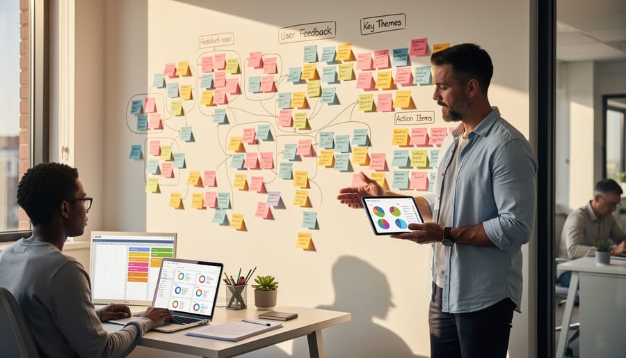 Overhead view of hands organizing color-coded cards into groups on wooden table