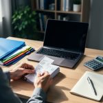 Over-the-shoulder view of a freelance writer sorting receipts into color-tabbed folders beside a laptop and calculator at a tidy home office desk, with soft daylight and a blurred calendar in the background