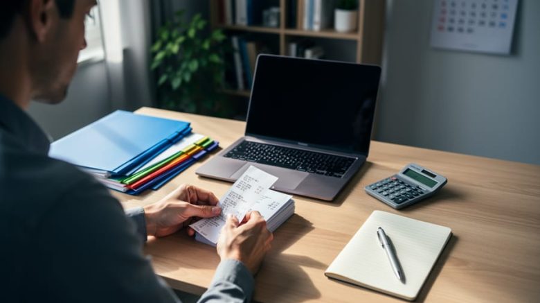 Over-the-shoulder view of a freelance writer sorting receipts into color-tabbed folders beside a laptop and calculator at a tidy home office desk, with soft daylight and a blurred calendar in the background