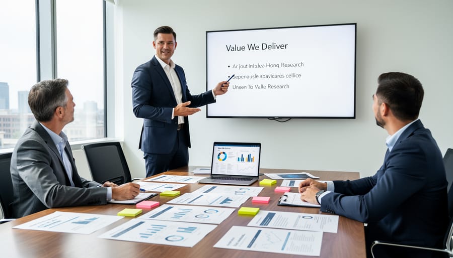 Writer reviewing and preparing pitch documents at wooden desk