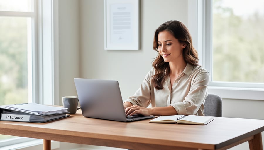 Well-organized freelance writer's home office workspace with insurance documentation
