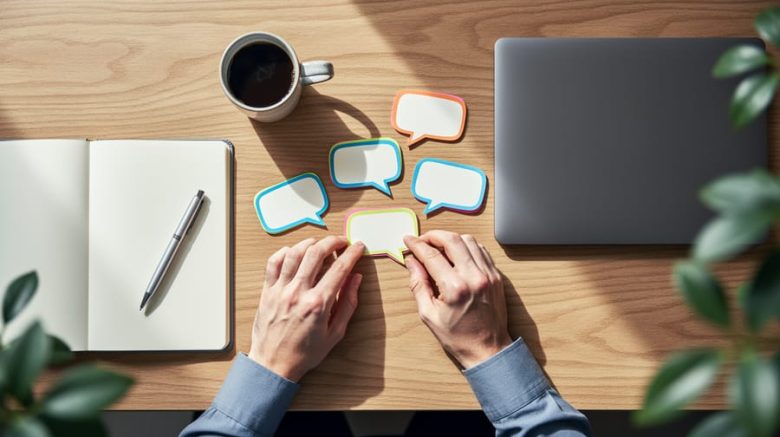 Top-down view of a writer’s hands sorting colorful speech-bubble sticky notes next to a closed laptop, blank notebook, and coffee on a wooden desk under soft window light, with a blurred plant at the edge.