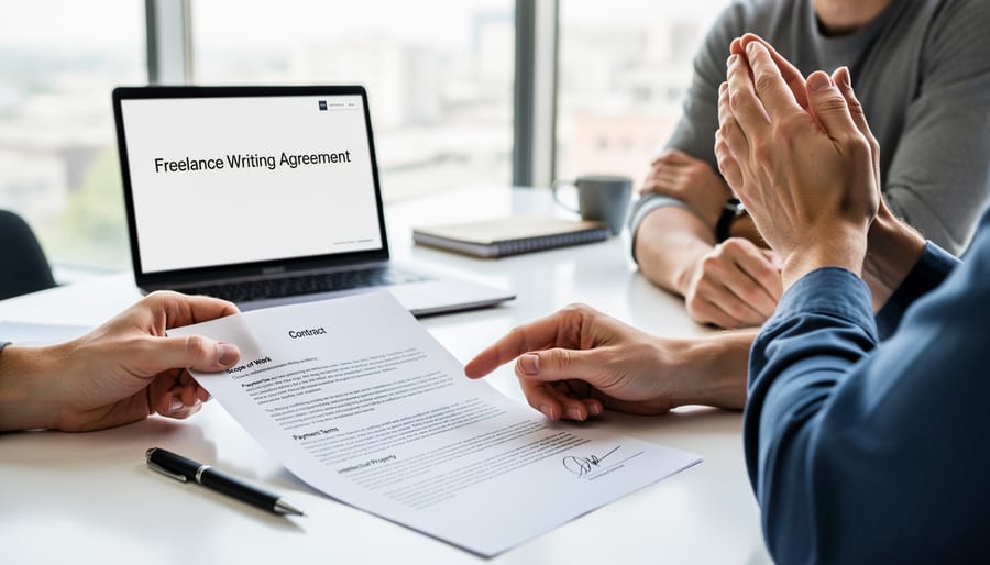 Fountain pen signing contract document with printed terms