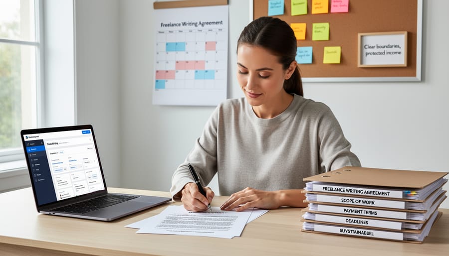 Confident freelance writer working successfully at home office with professional contracts