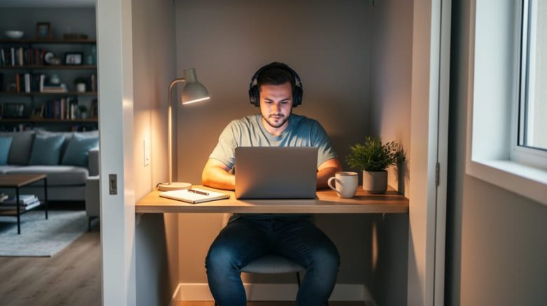 Freelance writer wearing headphones works at a floating desk in a small converted closet office with a laptop, coffee mug, and task lamp, softly lit by morning light with a blurred apartment background.
