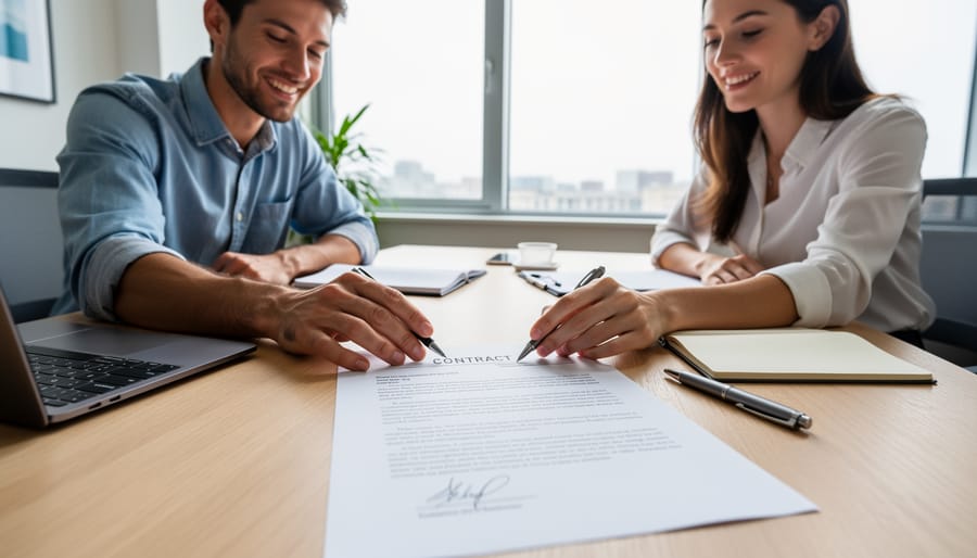 Two professionals shaking hands over contract documents on wooden desk