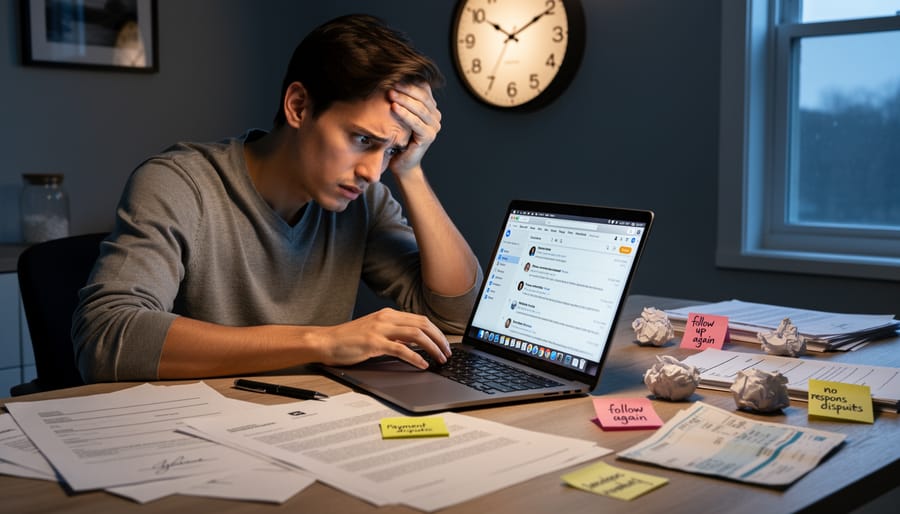 Stressed freelance writer at home office dealing with client contract issues