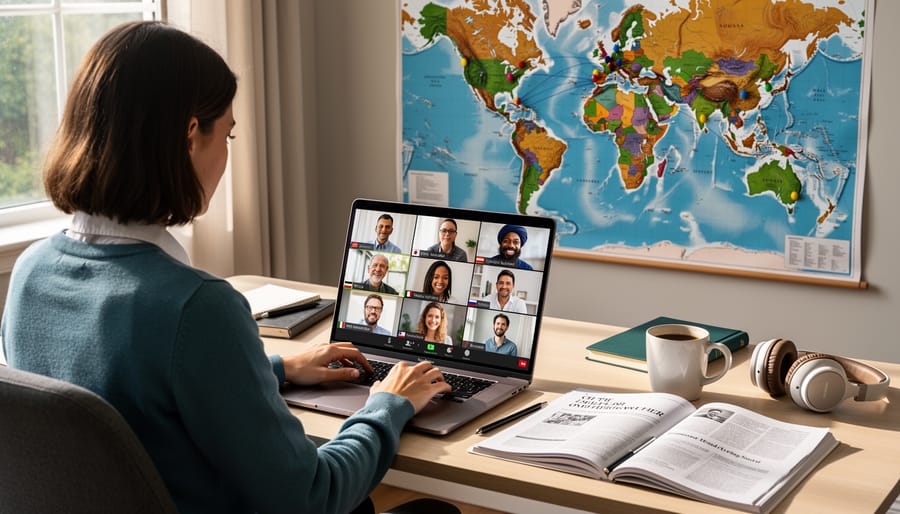 Freelance writer working on laptop in multicultural urban setting