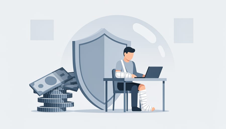 Writer's bandaged wrist beside closed laptop illustrating work disability