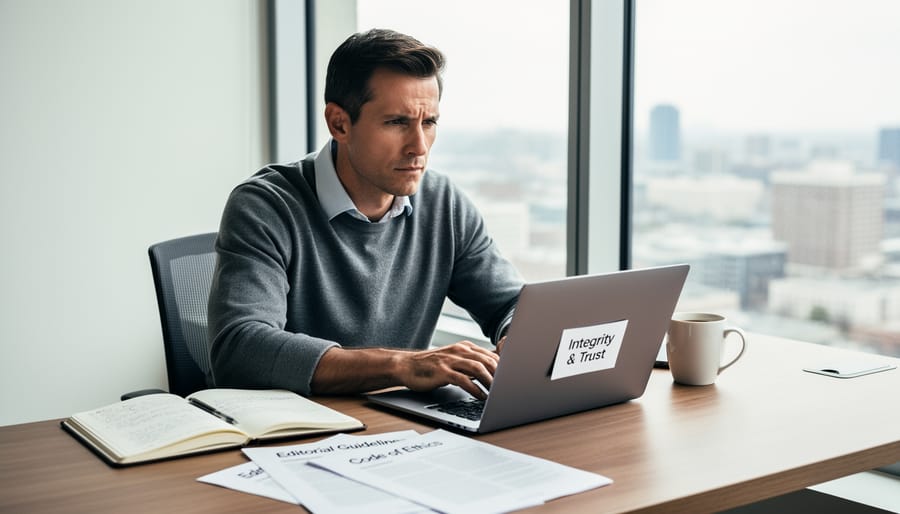 Writer's hands pausing thoughtfully over laptop keyboard in home office setting