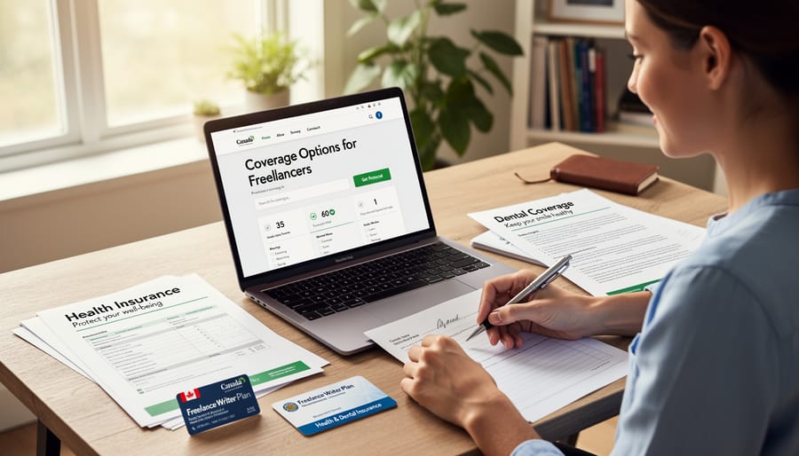 Freelance writer working at home office desk with health insurance documents and medication nearby