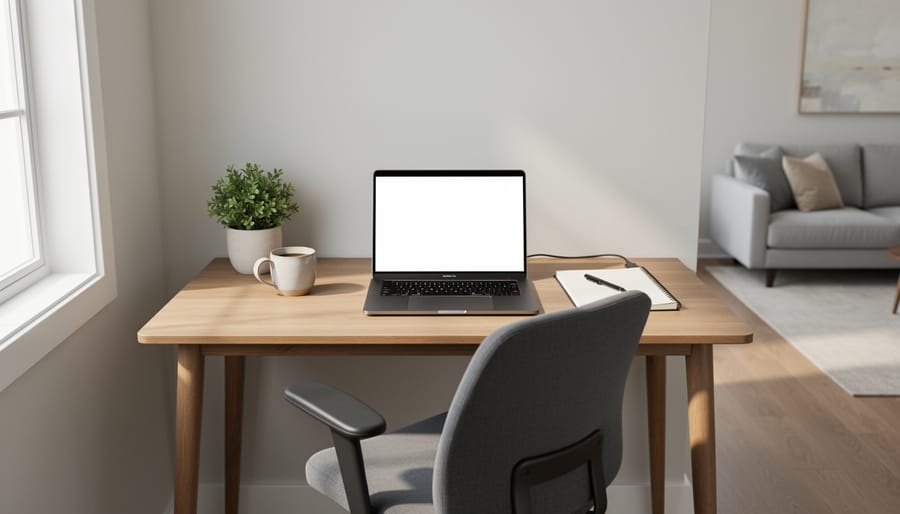 Small corner home office workspace with laptop, desk, and chair near window