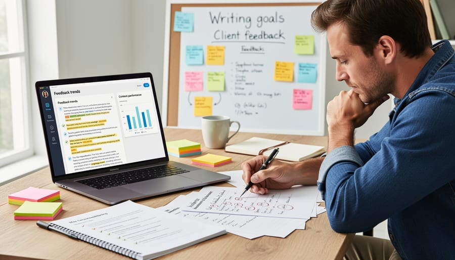 Freelance writer reviewing printed pages with handwritten feedback notes and colorful tabs at desk