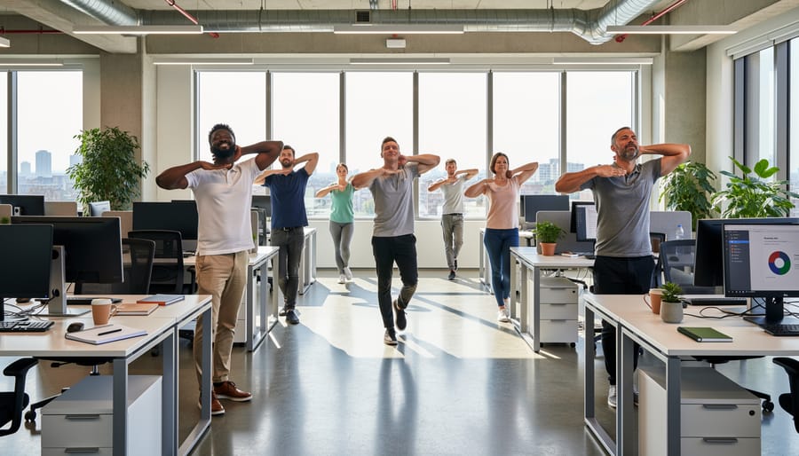 Freelance writer taking a stretching break at home office desk